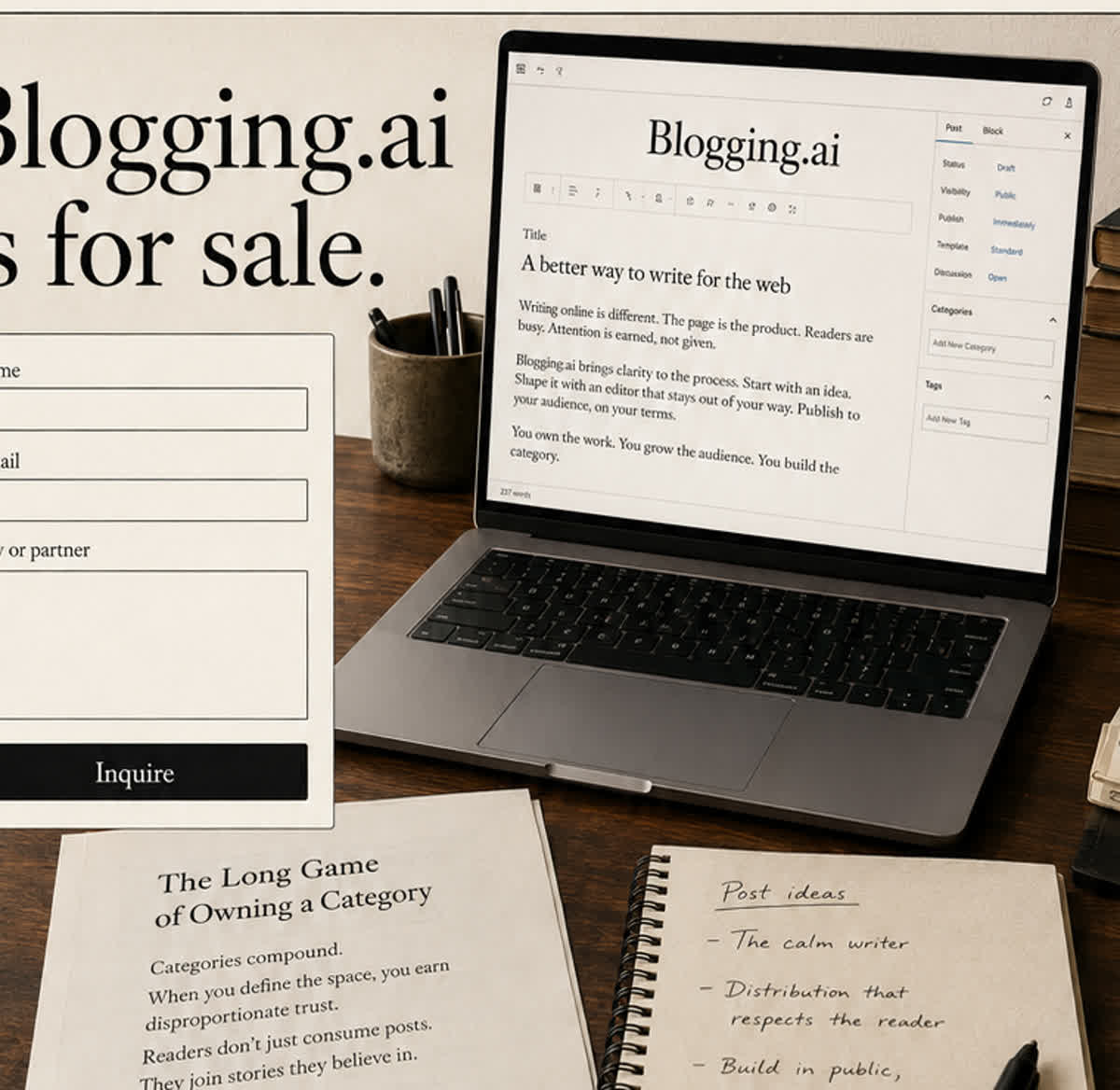 A laptop post editor showing Blogging.ai beside paper and a notebook