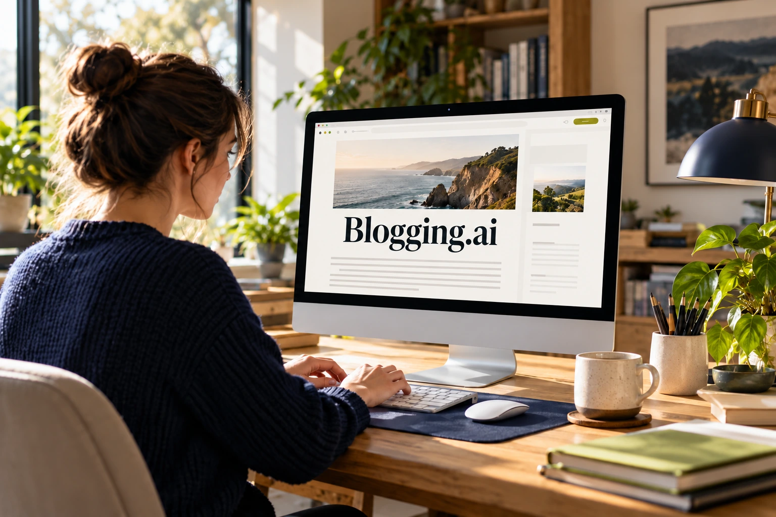 Writer reviewing a blog publishing interface in a studio